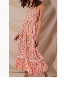 POUPETTE ST. BARTH Carine Floral Halter Maxi Tiered Dress Vacation Resort Size s